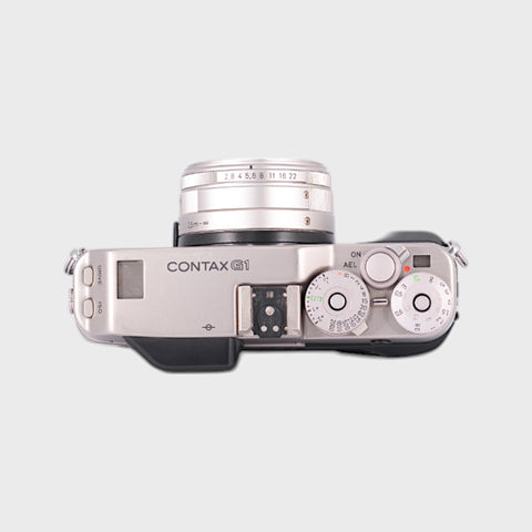 Contax G1 35mm rangefinder film camera with flash and 28mm f2.8 lens